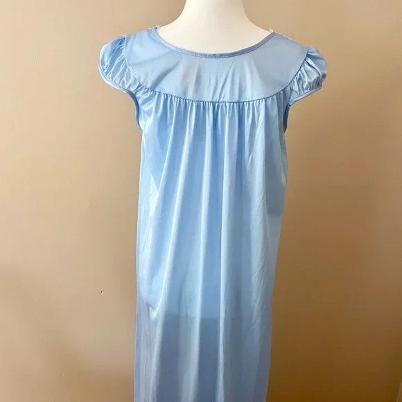 Vintage Nightgown Blue Nylon with Ruffled Cap Sleeves Medium - Picture 8 of 8